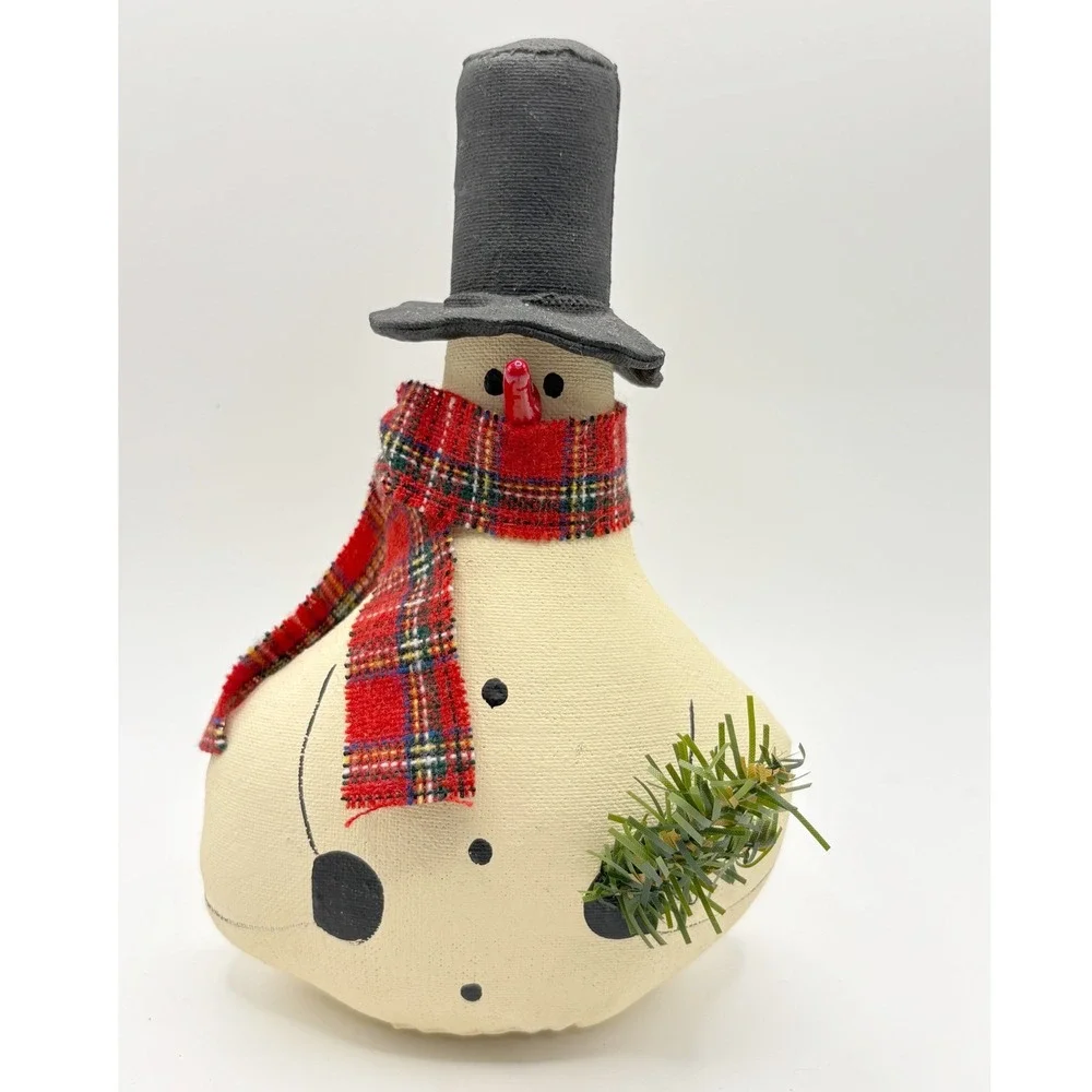 Vintage Handmade Primitive Snowman Red Plaid Scarf Black Hat Folk Art Christmas